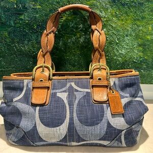 Coach Denim Signature Monogram Satchel Leather Shoulder Bag + Original Dust Bag